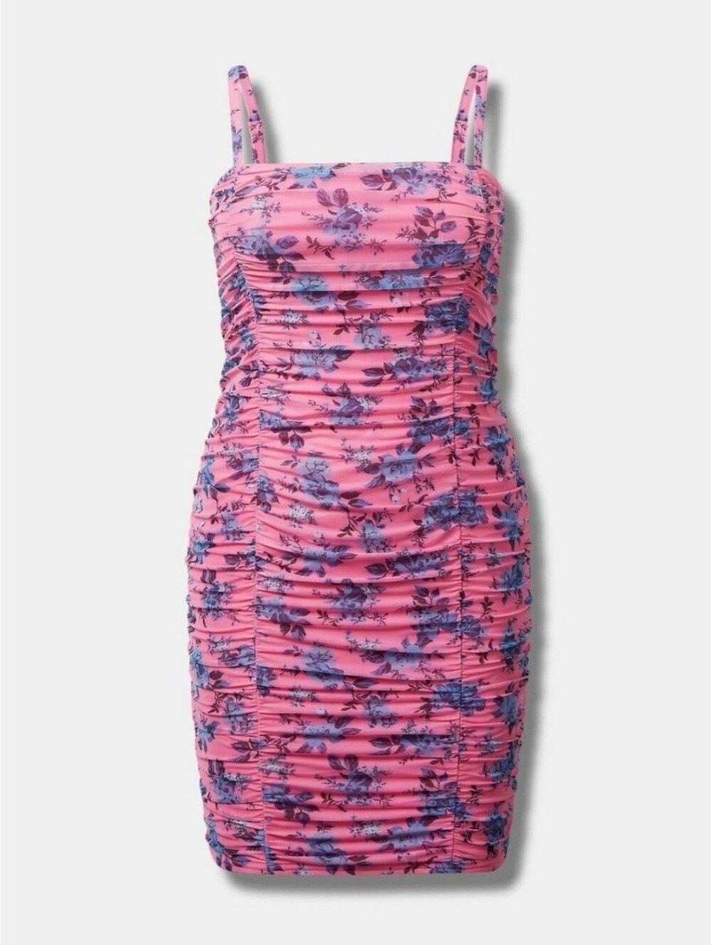 Pink and Blue Rose Print Ruched Bodycon Dress